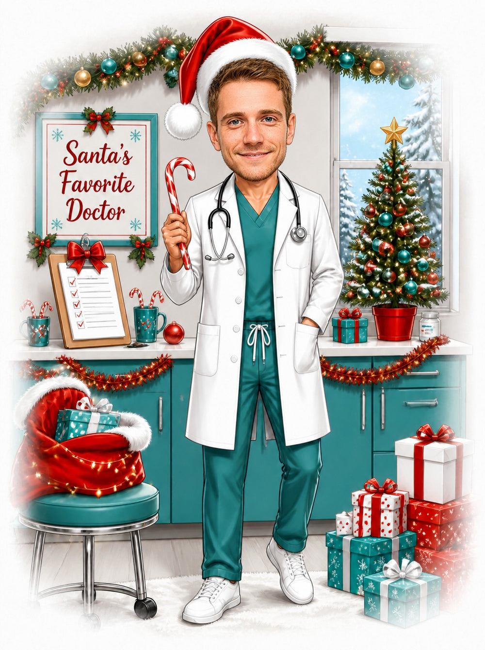 Doctor in scrubs and lab coat, Santa hat, candy cane, tree and gifts