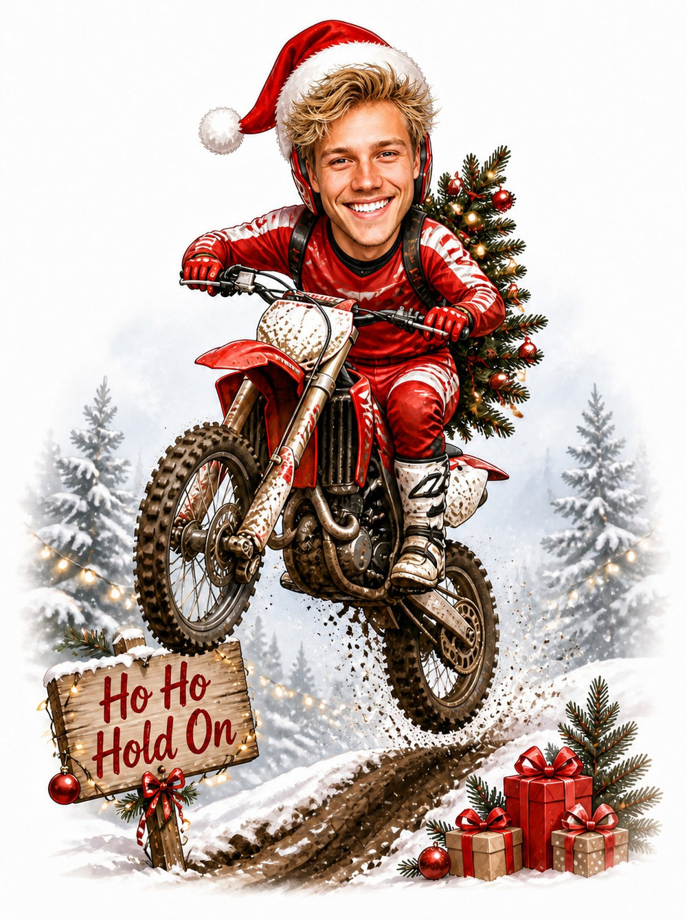 Santa motocross rider jumping dirt bike in snowy forest, Ho Ho Hold On sign, tree, gifts.
