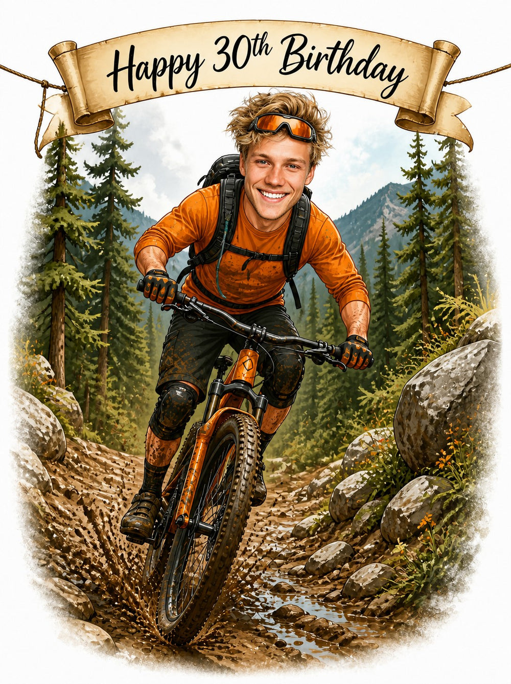 Mountain biker caricature with orange jersey, muddy trail, pine forest and Happy 30th Birthday banner.