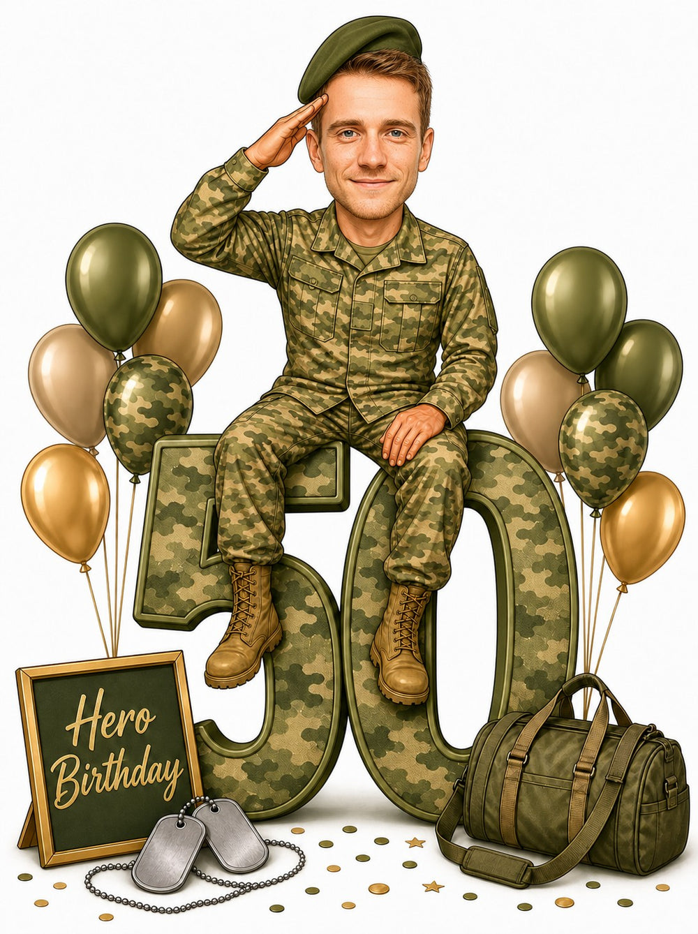 Male soldier saluting, seated on camouflage 50 with balloons, duffel bag, dog tags.