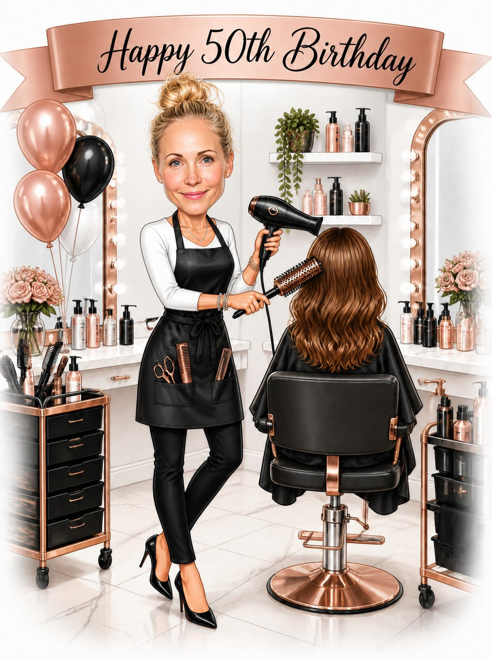 Female hairstylist blow-drying client in salon with Happy 50th Birthday banner
