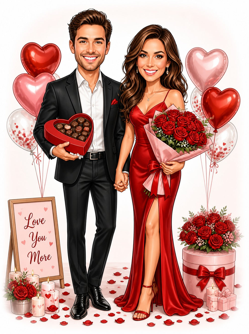 Couple in suit and red dress with roses, heart chocolates, balloons and Love You More sign.