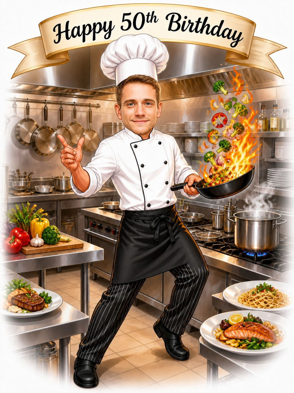 Male chef birthday caricature tossing flaming vegetables in a skillet under Happy 50th Birthday banner.