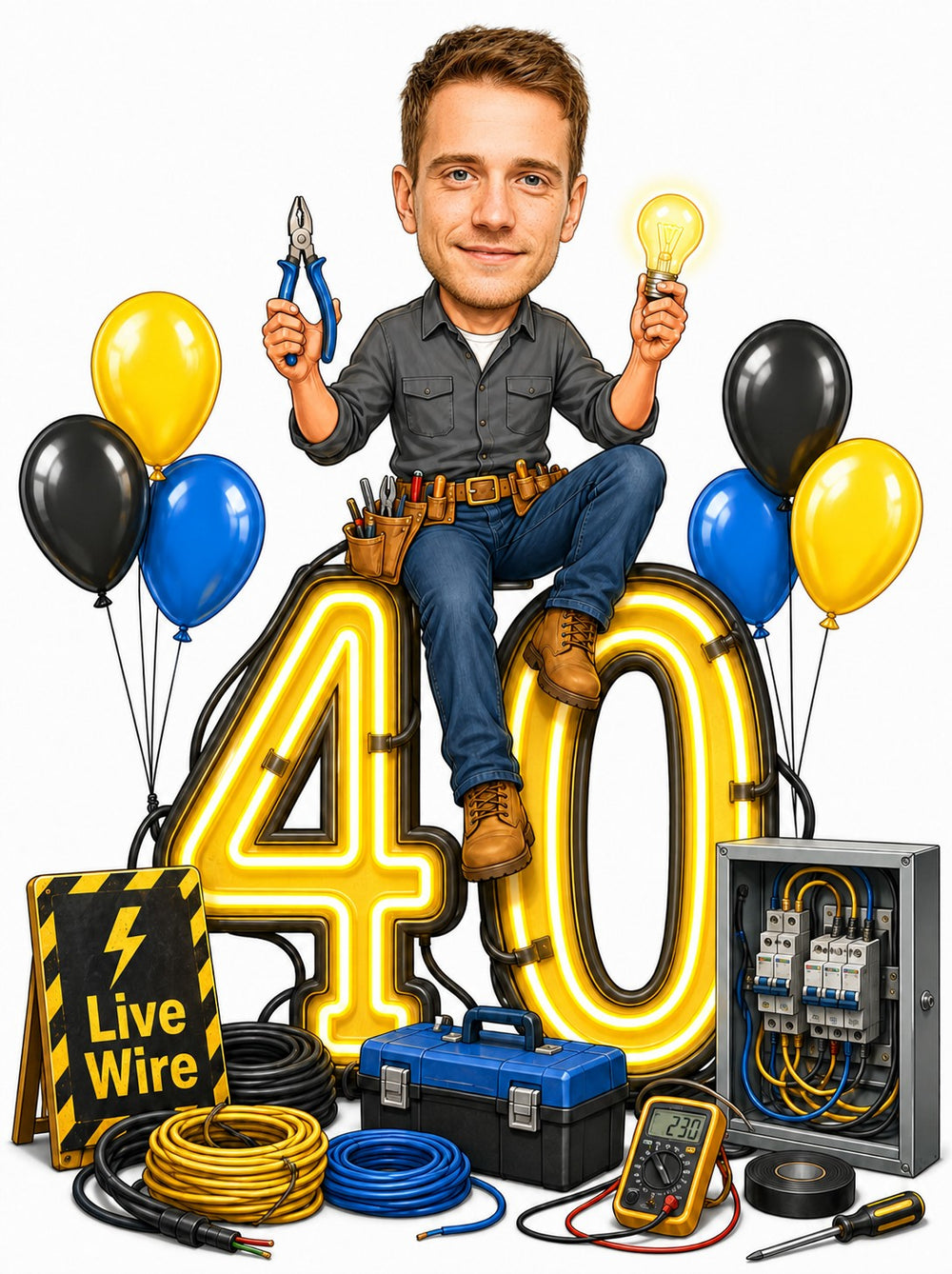 Electrician birthday caricature with tools on giant glowing age number and balloons.