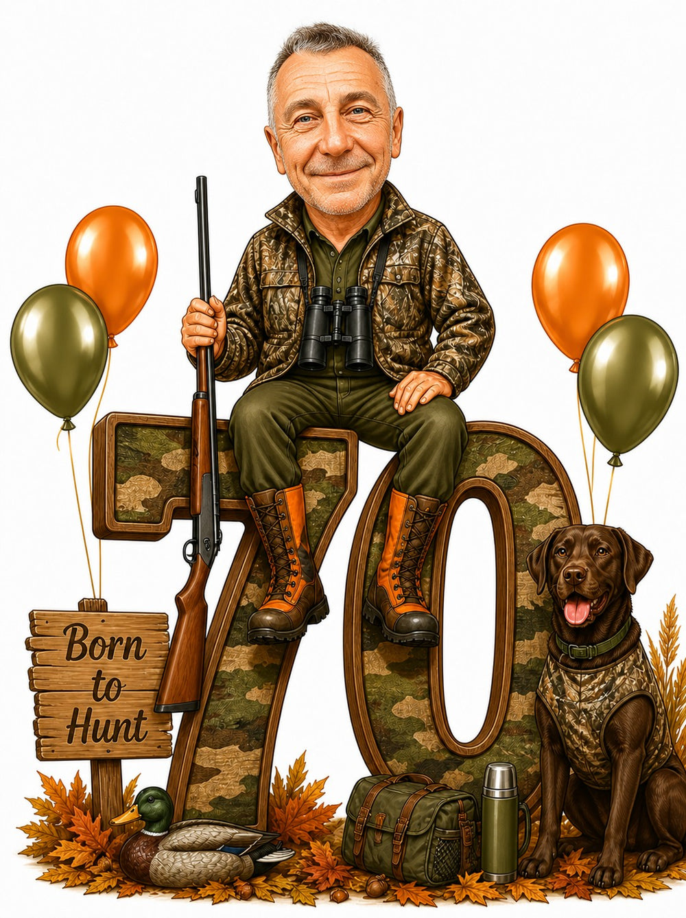 Hunter seated on camo 70 with shotgun, binoculars, dog, balloons, and Born to Hunt sign.