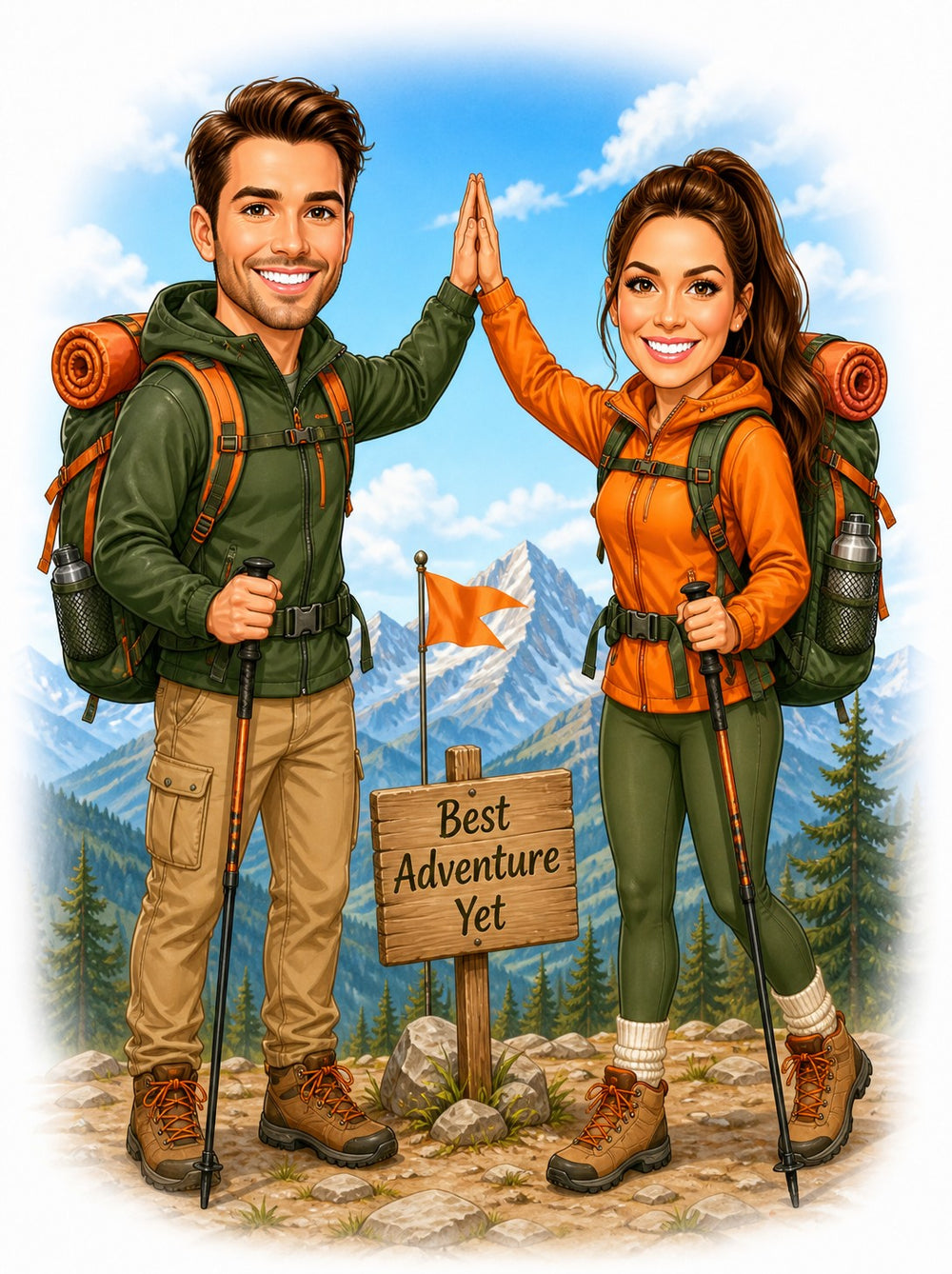Hiking couple caricature high-fiving with trekking poles, backpacks, and sign Best Adventure Yet.