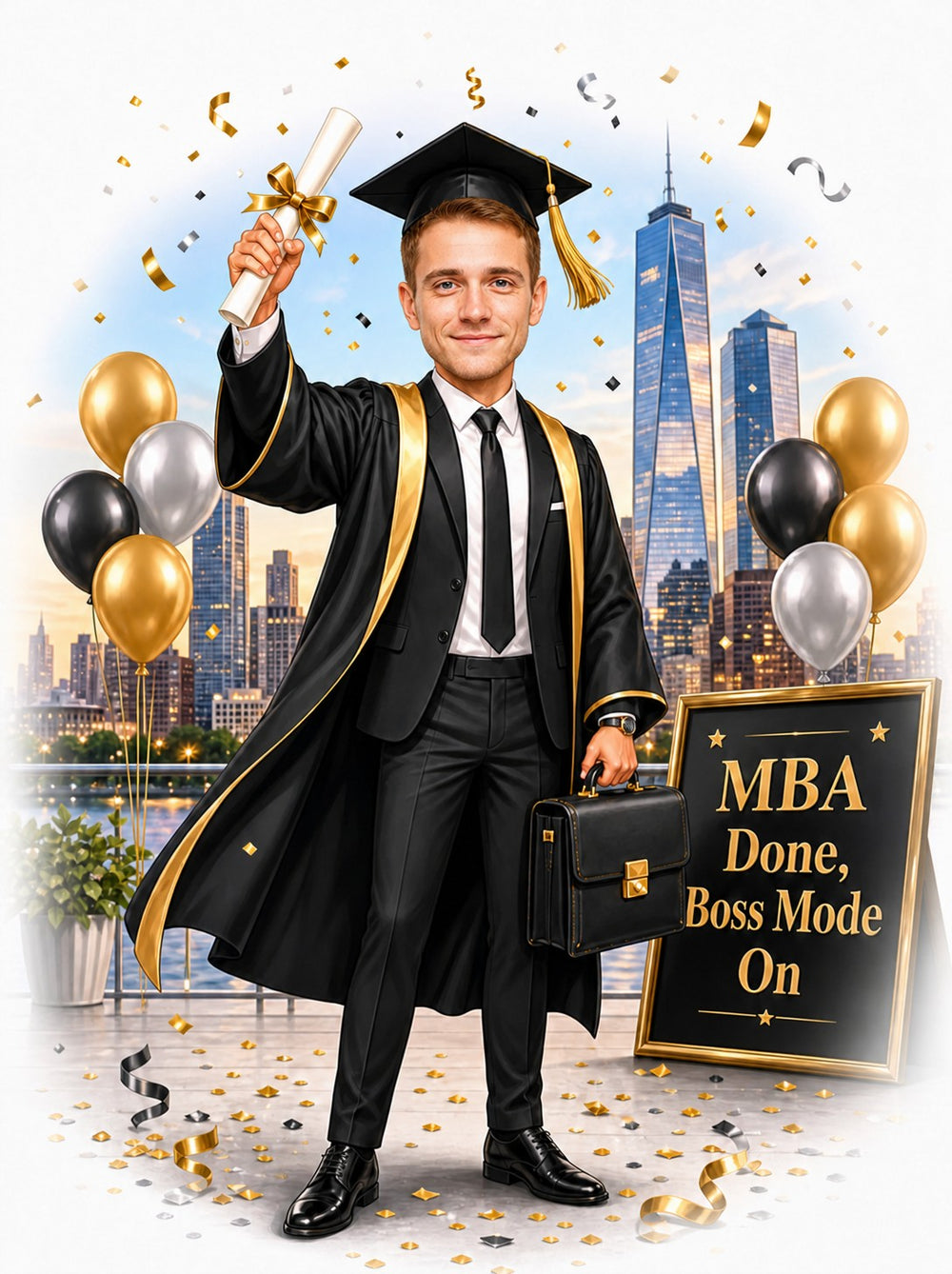 Male MBA graduate in cap and gown holding diploma, city skyline, balloons, confetti.