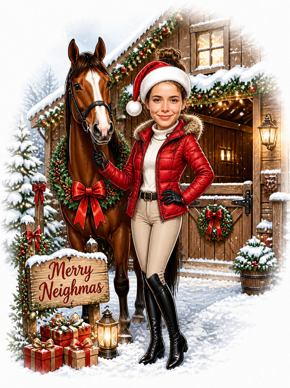 Woman rider in Santa hat with horse by wreathed barn, Merry Neighmas sign, snow.