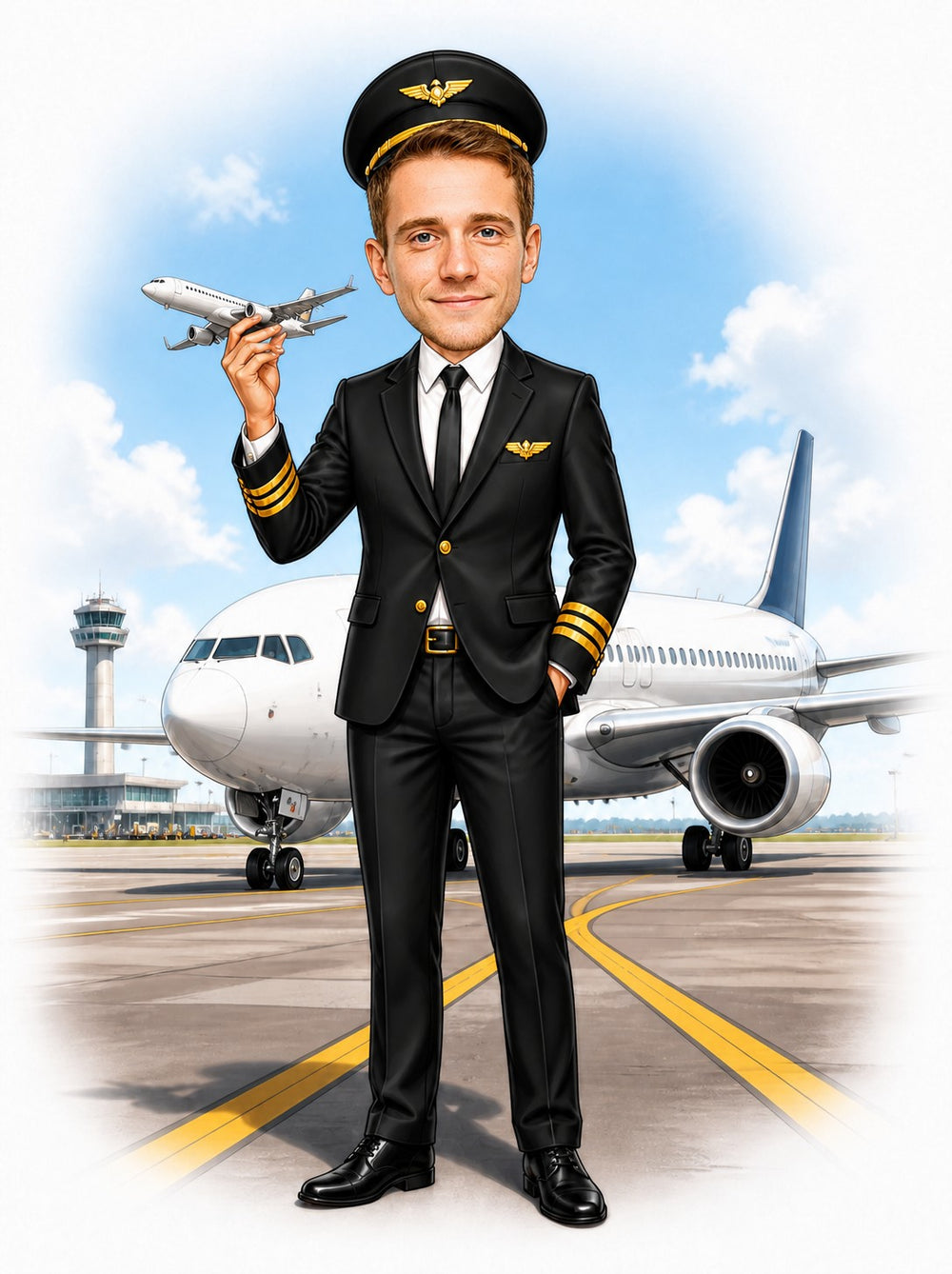 Airline pilot caricature with black captain uniform, toy jet, and airliner on runway.