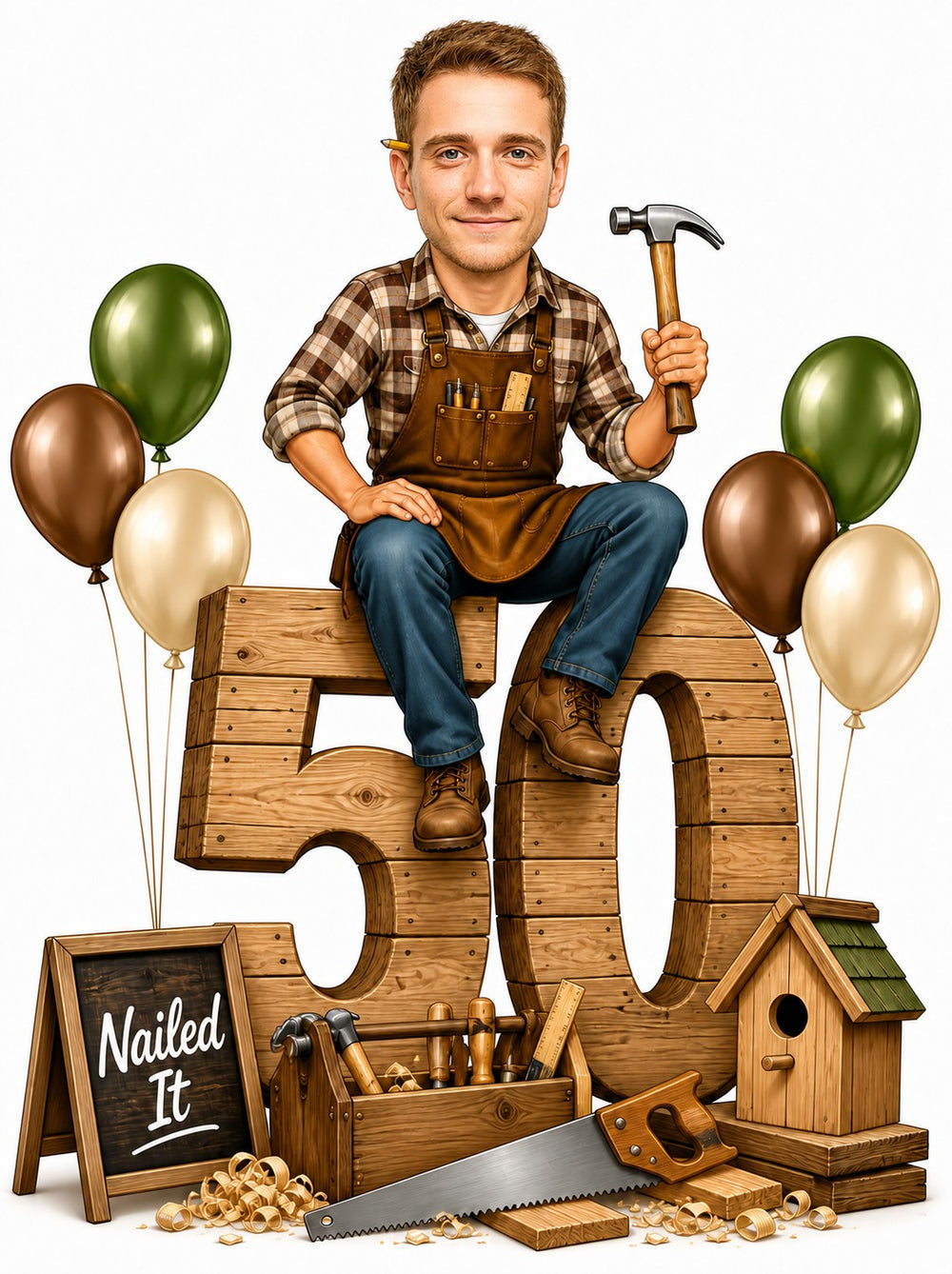 Carpenter birthday caricature with giant wooden 50, hammer, toolbox, saw and balloons.