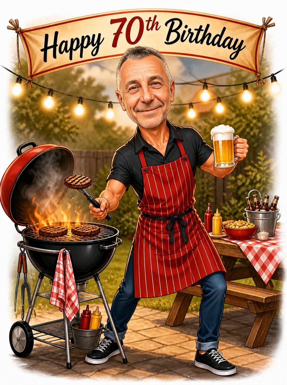 Man at backyard grill in red apron holding beer, birthday banner overhead, burgers sizzling.