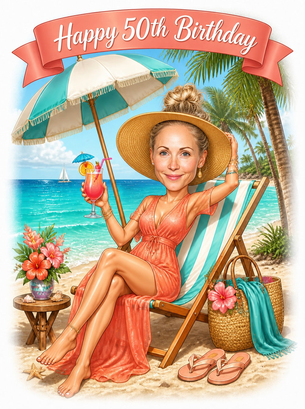 Woman on tropical beach chair with sun hat, coral dress, cocktail, Happy Birthday banner