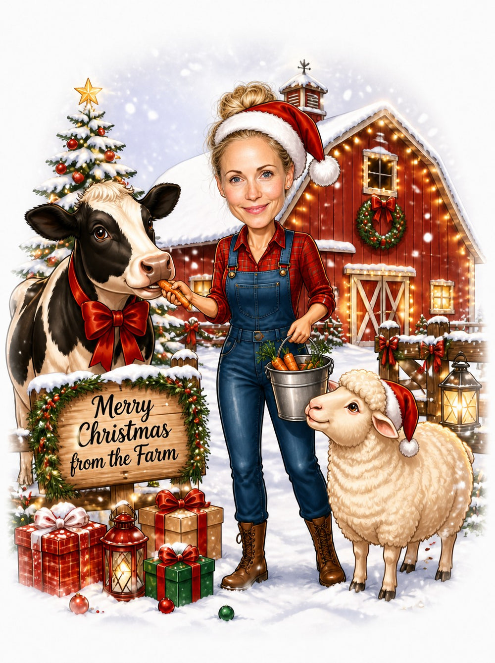 Woman farmer in Santa hat feeding cow beside barn, sheep, gifts, snowy Christmas scene.