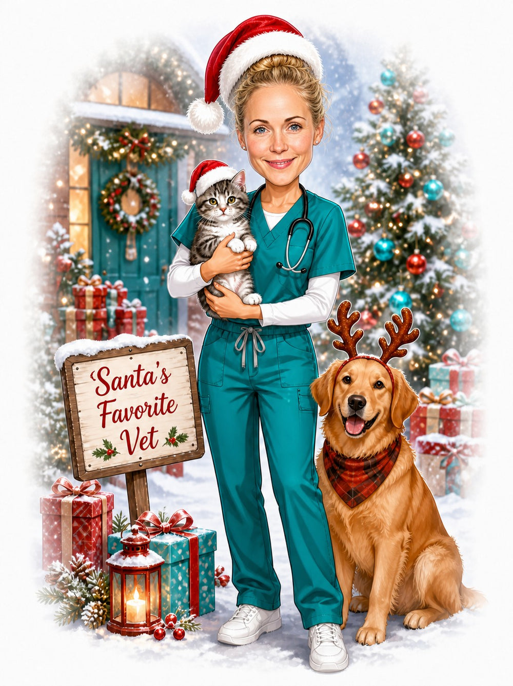Female vet in teal scrubs with Santa hat, holding kitten, dog with antlers, snowy porch.