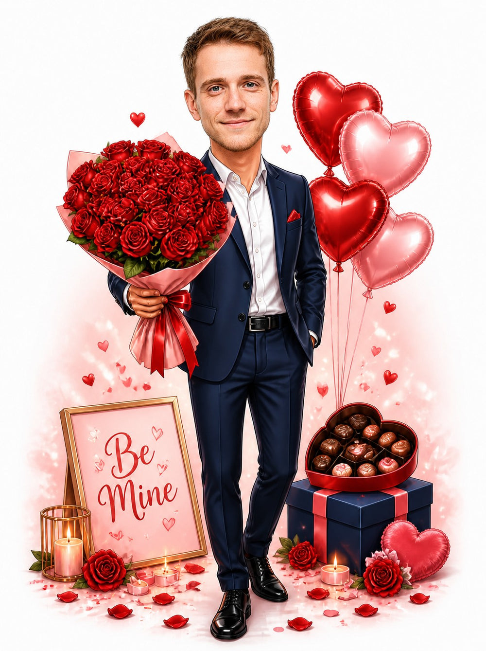 Man in navy suit with roses, heart balloons, chocolates, and a Be Mine sign.