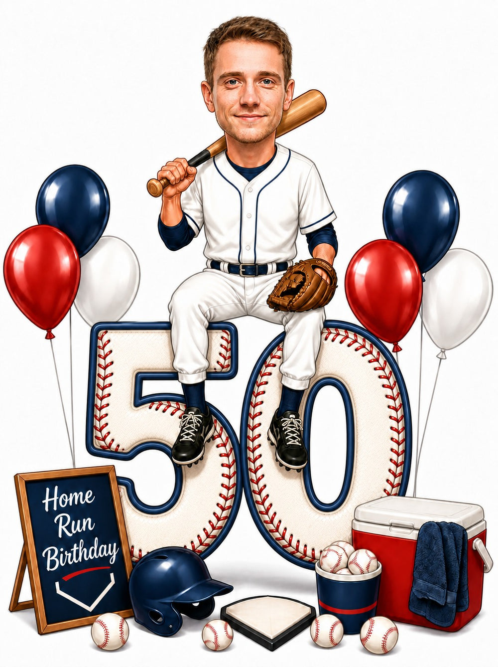Baseball player caricature sitting on giant 50 with bat, glove and balloons.