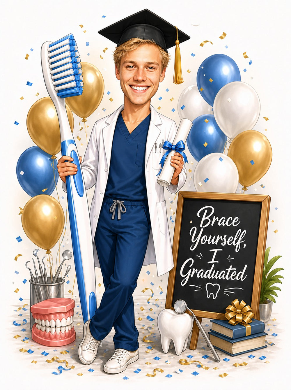 Male dental school graduate caricature with giant toothbrush and chalkboard sign.