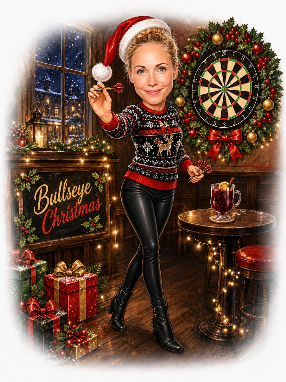 Woman throwing darts in festive pub, Santa hat, wreath dartboard, Bullseye Christmas sign.