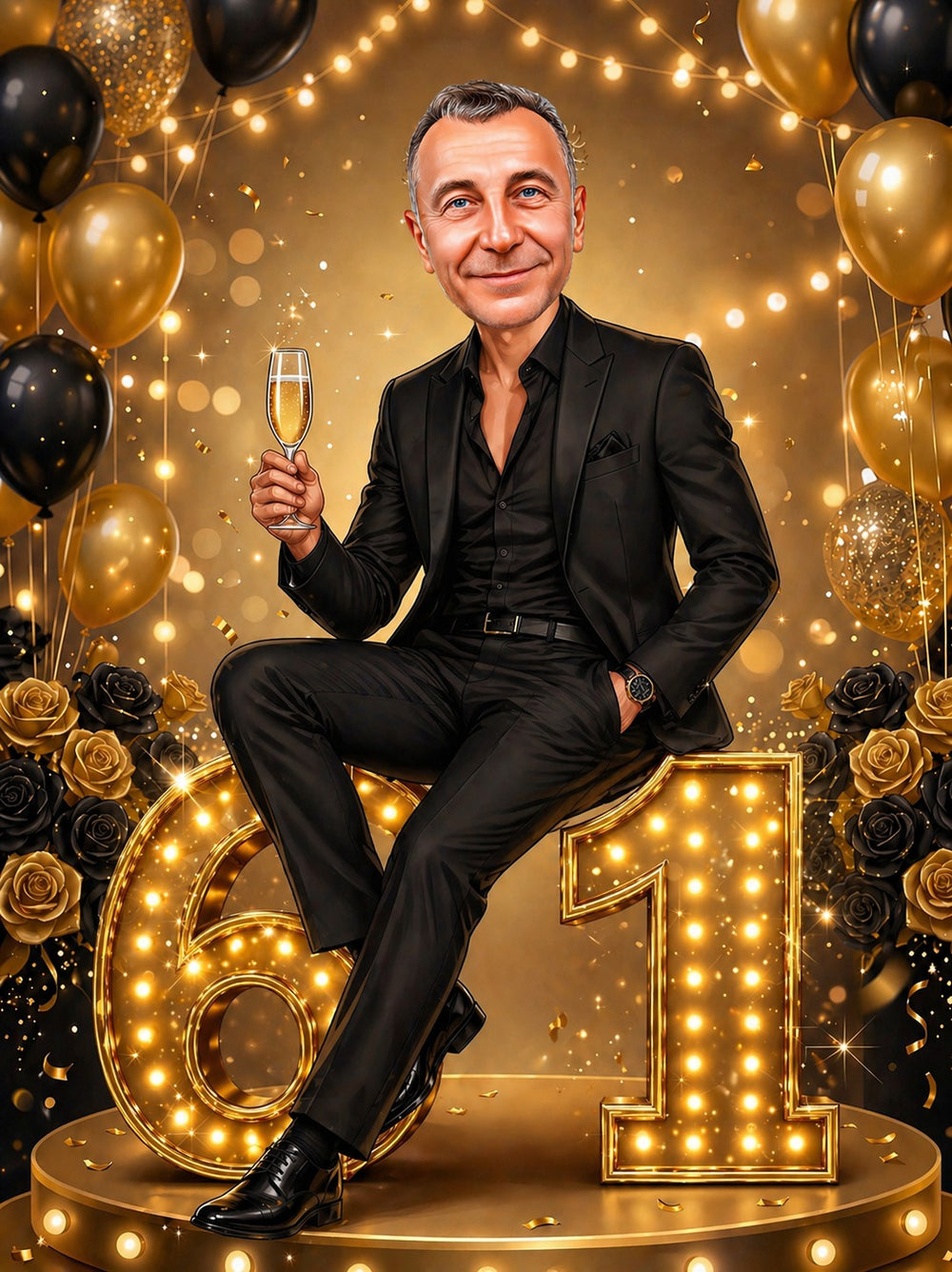 Man in black suit on glowing age number, champagne glass, gold balloons and roses.