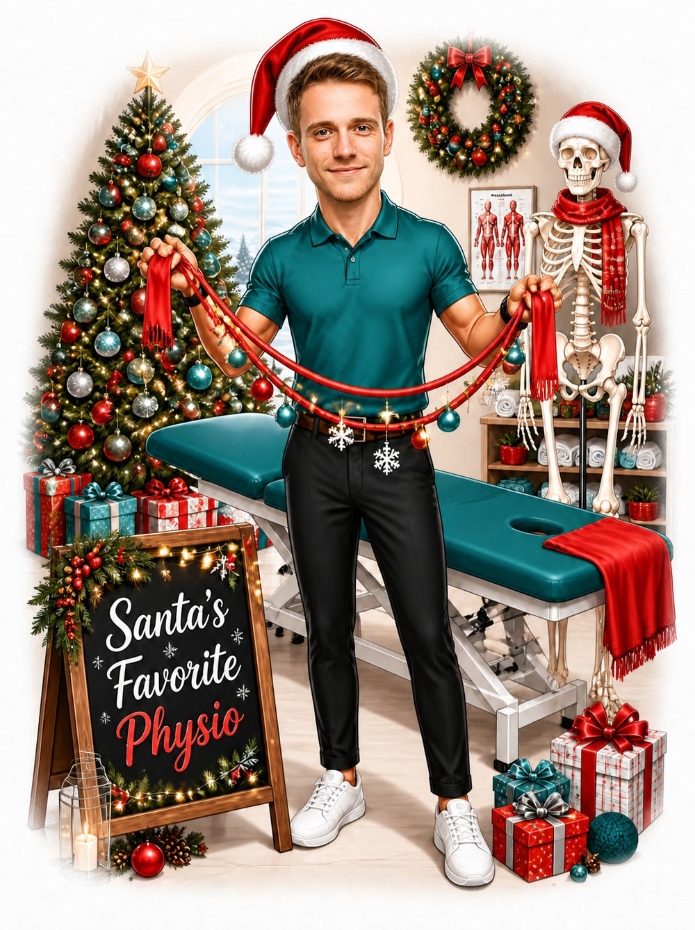 Male physio in Santa hat holds garland in decorated clinic with skeleton and treatment table.