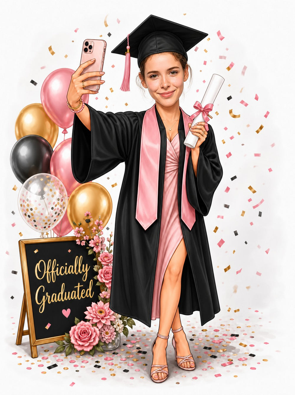 Graduate in cap and gown, pink stole, selfie, diploma with ribbon, balloons, confetti, Officially Graduated sign.
