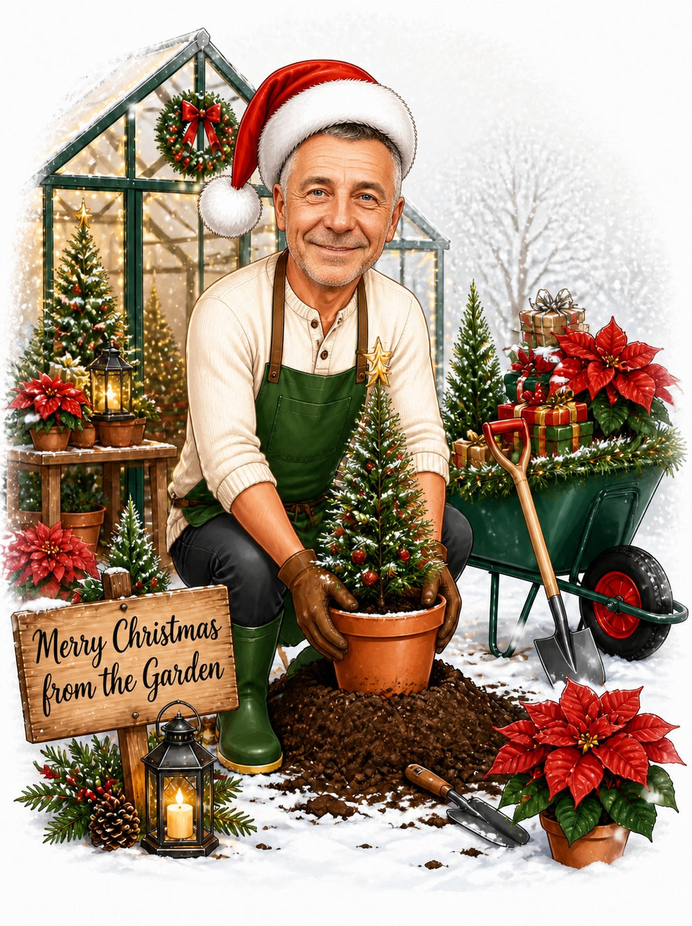 Gardener in Santa hat potting tree, greenhouse backdrop, gifts wheelbarrow, sign reads Merry Christmas.