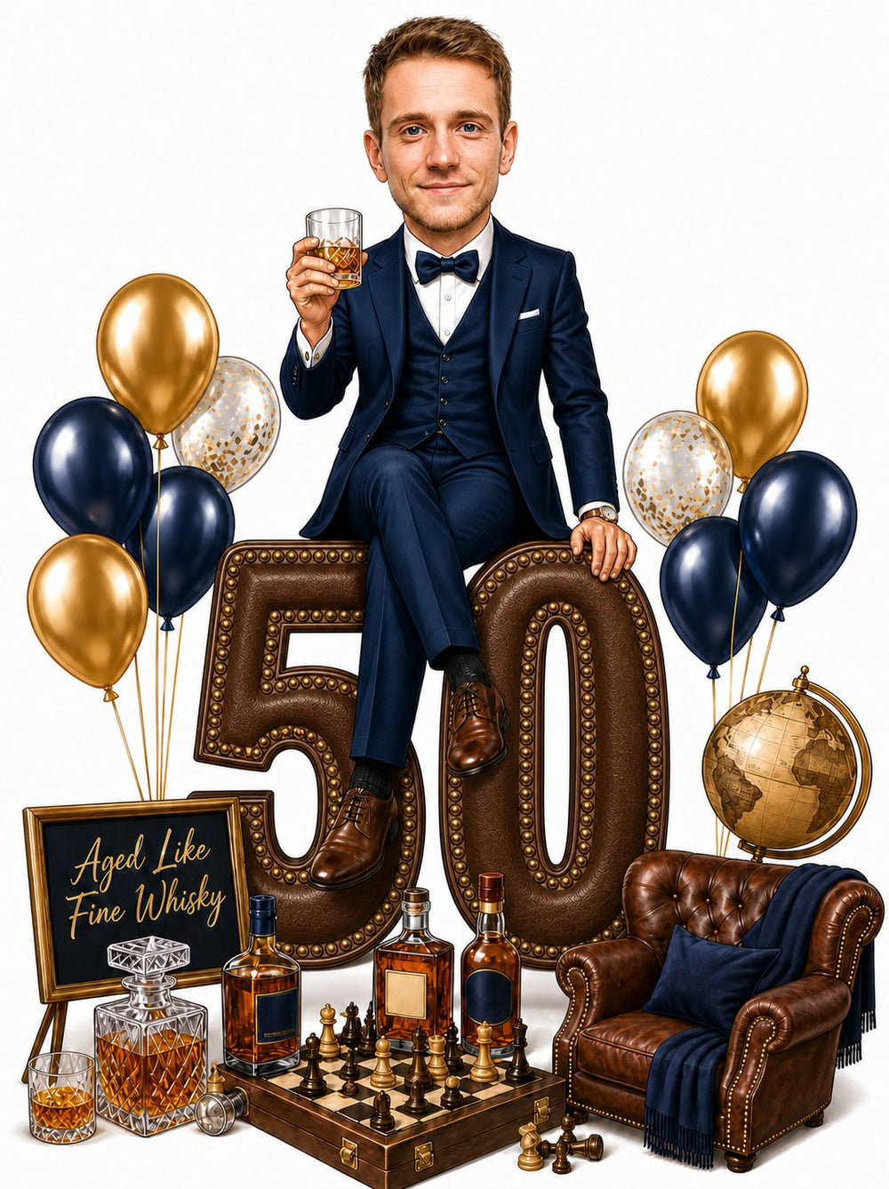 Dapper man in navy suit sits on giant age number, holding whisky, balloons and chessboard nearby.