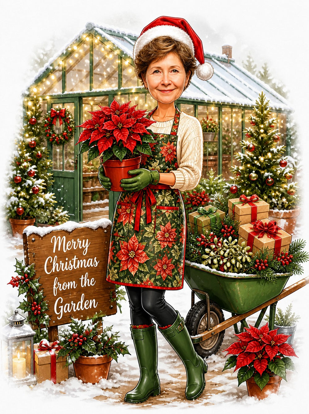 Woman gardener in Santa hat holding poinsettia by greenhouse, wheelbarrow of wrapped gifts.