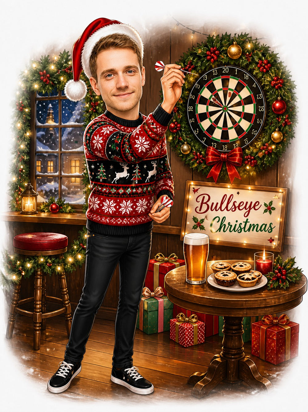 Man in Santa hat tossing dart beside wreath dartboard and Bullseye Christmas sign.