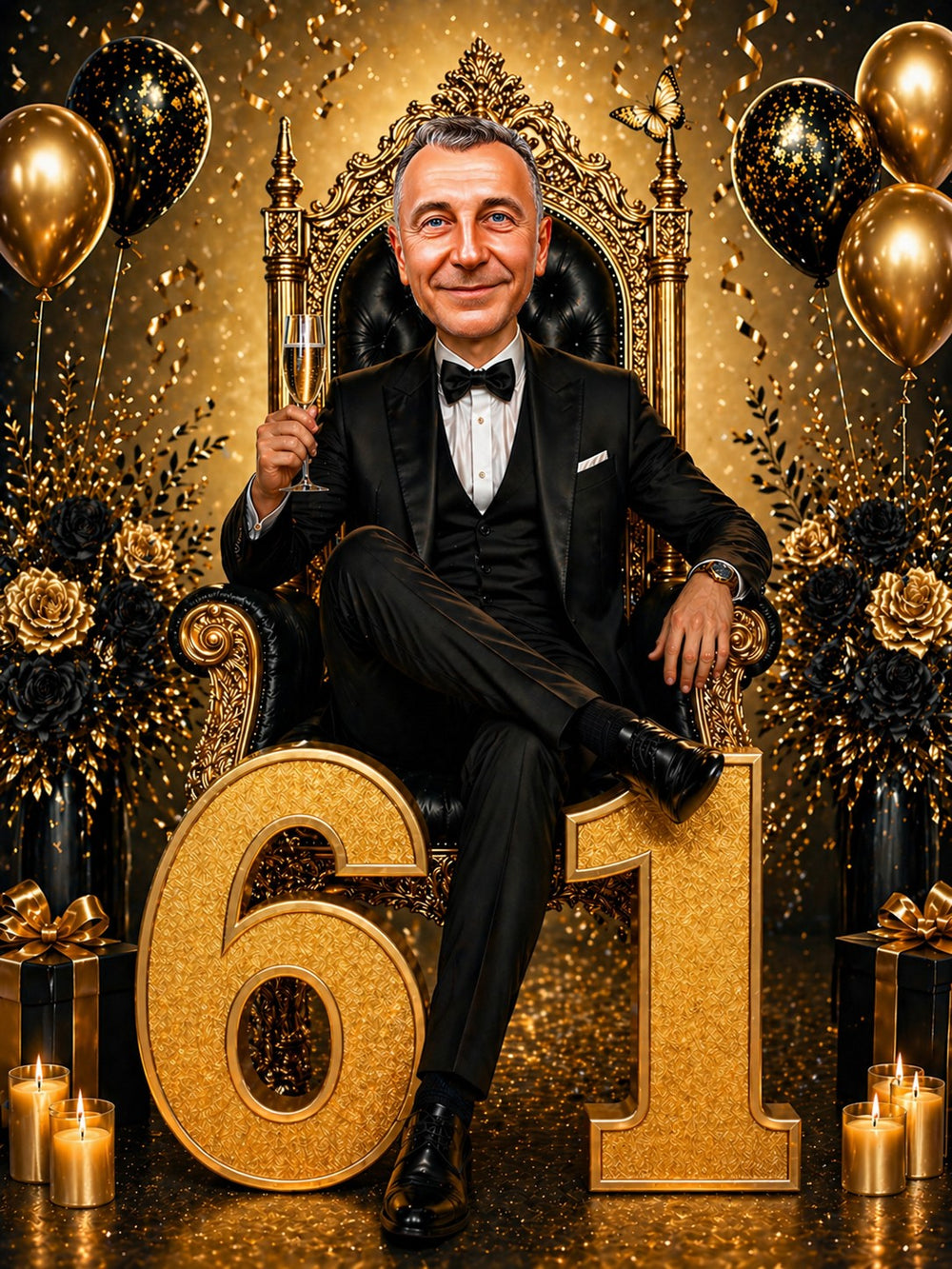 Man in tuxedo on ornate golden throne with giant 61 and champagne.