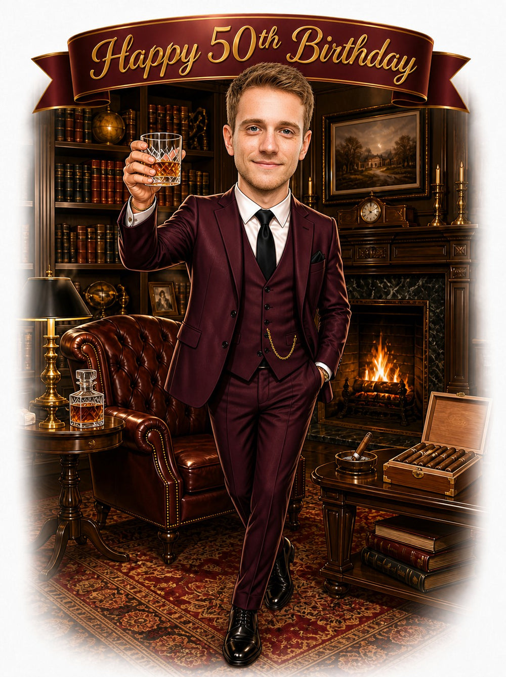 Gentleman in burgundy suit raising a whiskey glass in a classic library lounge.