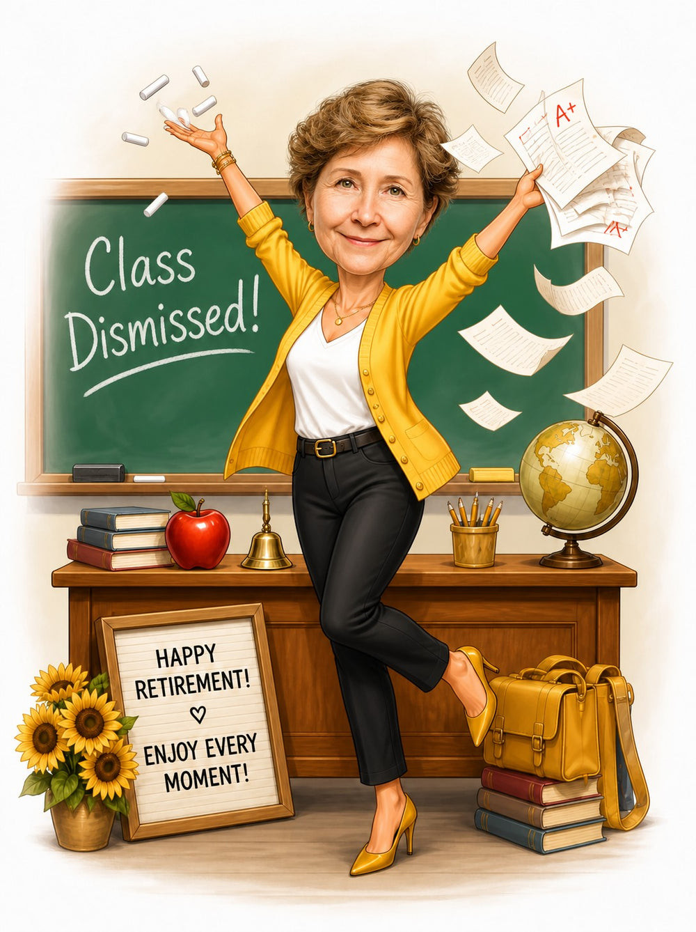 Woman teacher caricature in classroom, Class Dismissed chalkboard and flying A+ papers.