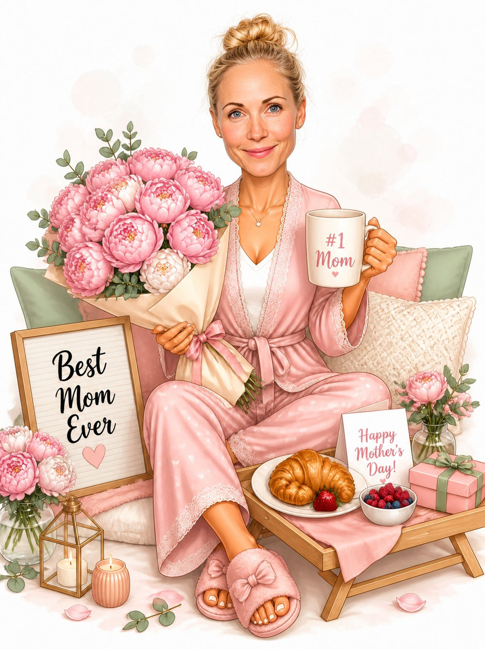Mom in pink robe with peony bouquet, #1 Mom mug, and breakfast tray.