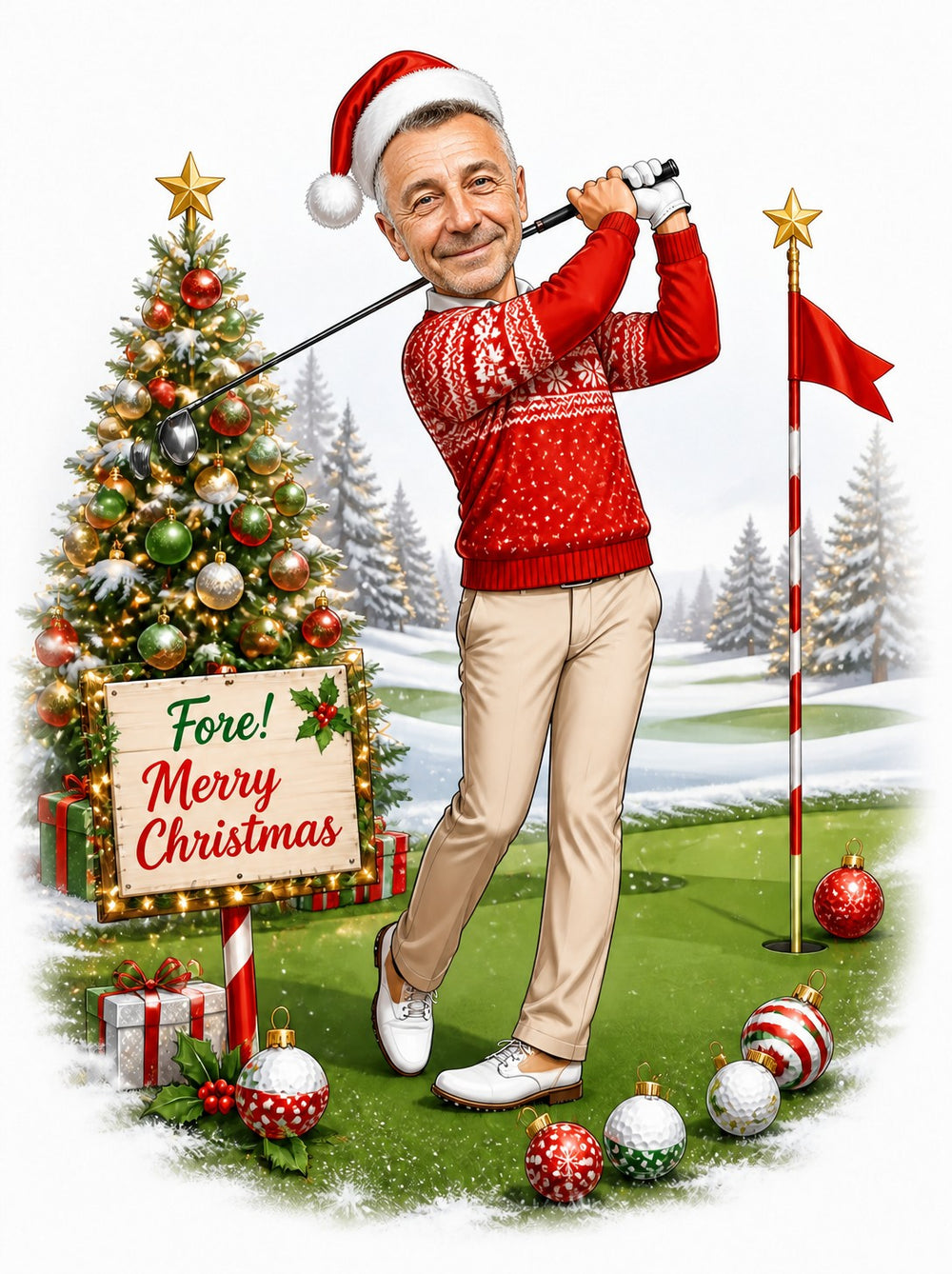 Golfer in Santa hat and red sweater swinging beside Christmas tree and Fore! Merry Christmas sign