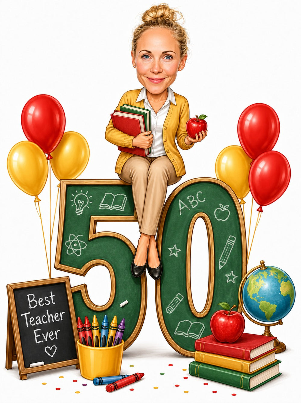 Female teacher on giant 50 chalkboard with balloons, books, apple, globe.