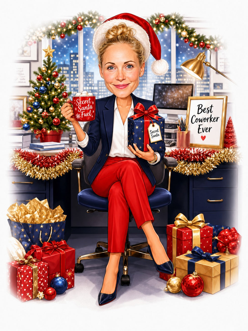 Female coworker in Santa hat holding Secret Santa mug and gift in festive office.