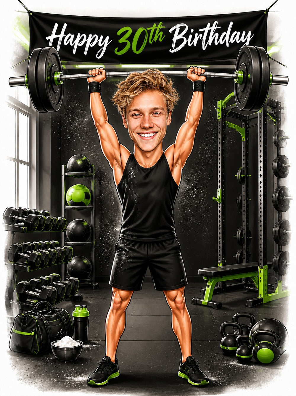 Cartoon man lifting barbell overhead in black-green gym with Happy 30th Birthday banner
