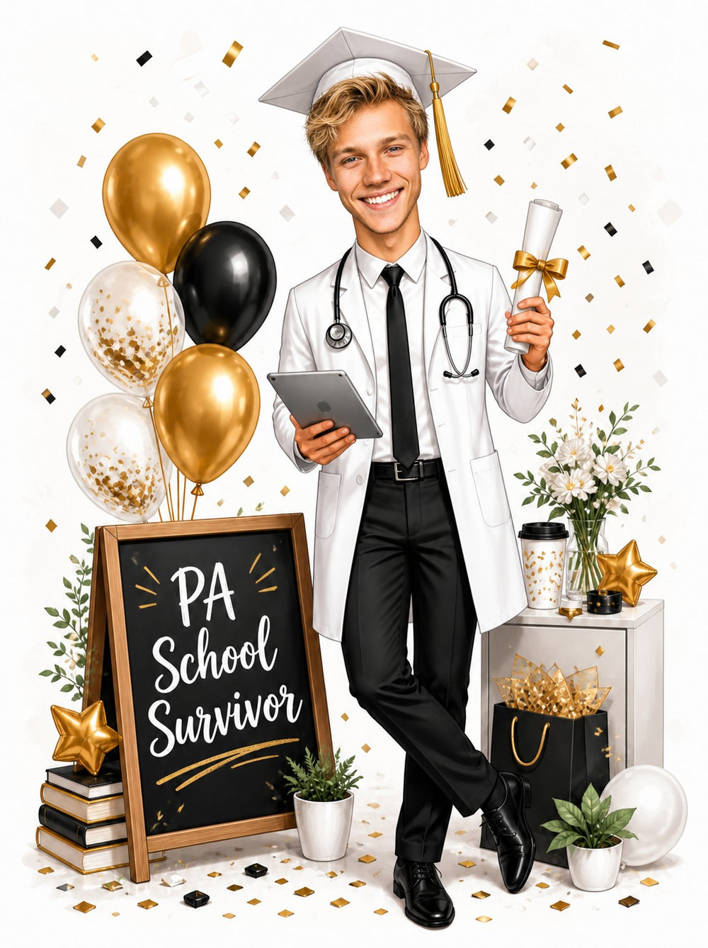 PA school graduation caricature with stethoscope, diploma, gold balloons and chalkboard.