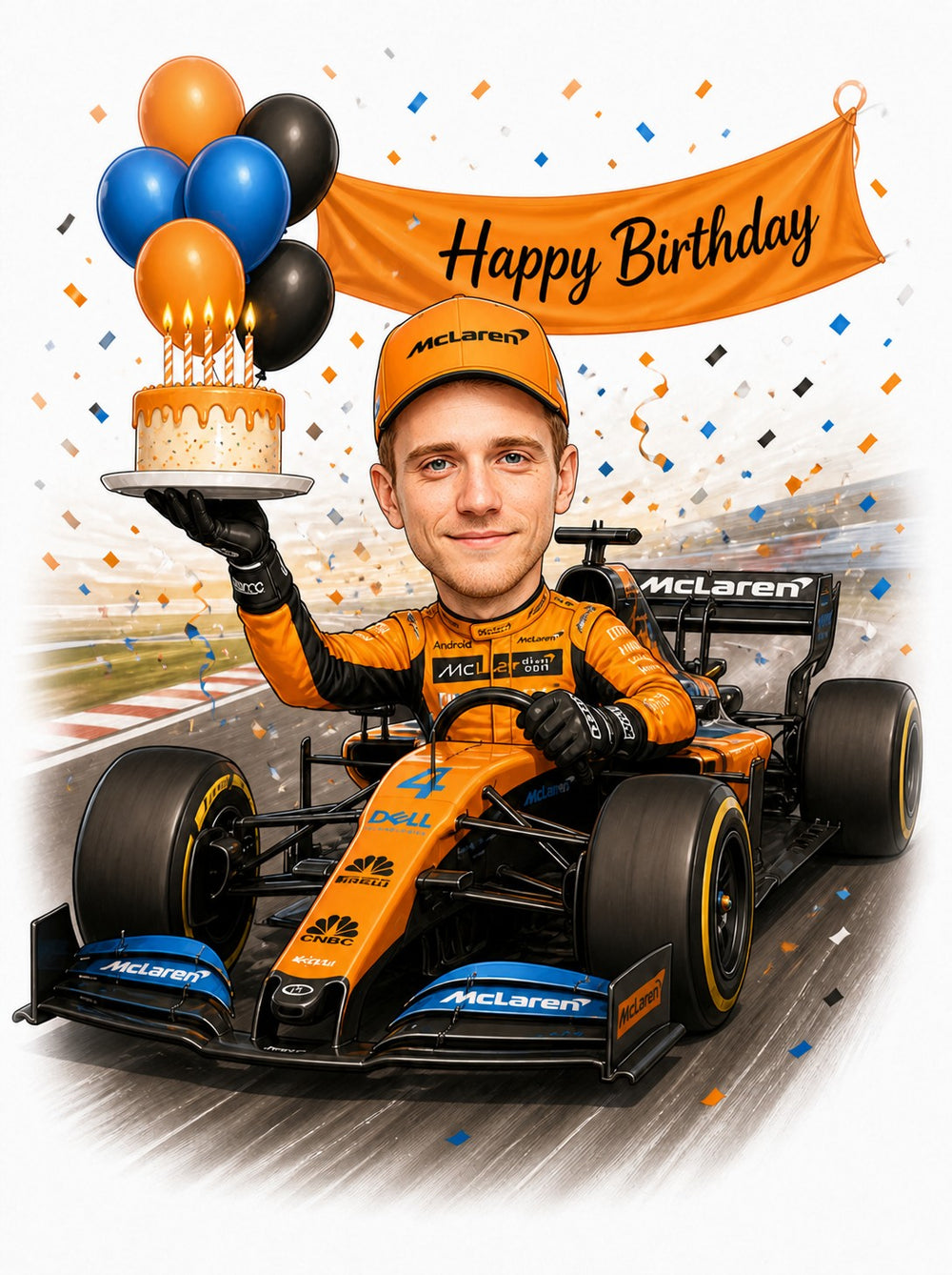 Caricature man driving orange Formula 1 car with Happy Birthday banner, balloons, and cake.
