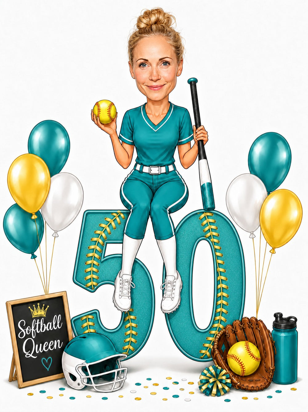 Woman softball player on giant 50, teal uniform, bat, balloons, Softball Queen sign.