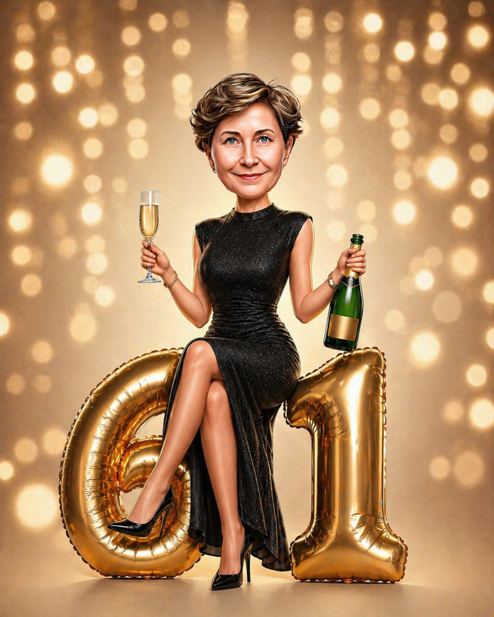 Woman in black gown holding champagne, sitting on gold 61 balloon with sparkly backdrop.