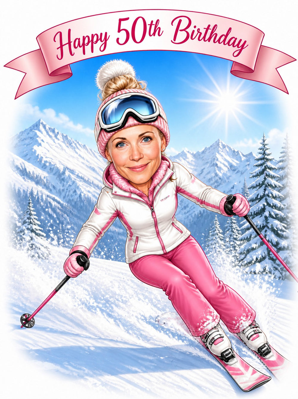 Female skier caricature in pink outfit racing downhill with Happy 50th Birthday banner.