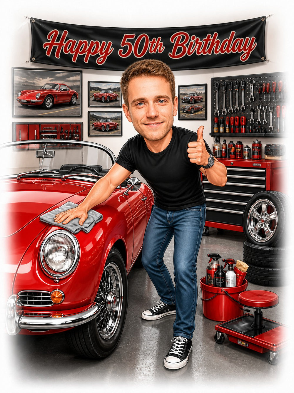 Man polishing red classic car in garage, Happy 50th Birthday banner, tools and tires