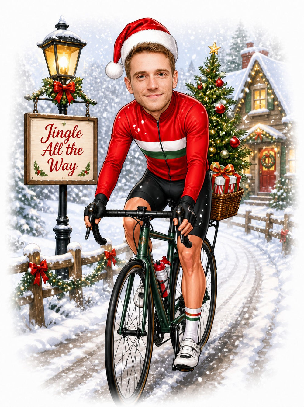 Male cyclist in Santa hat rides snowy lane, Jingle All the Way sign, gifts in basket.