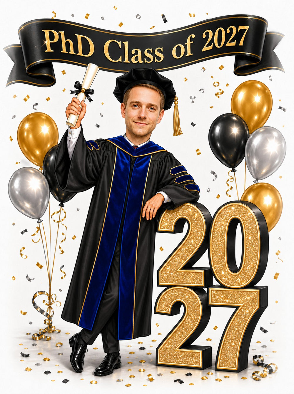 PhD graduate caricature scene with diploma, black gown, gold 2027 numbers and balloons.
