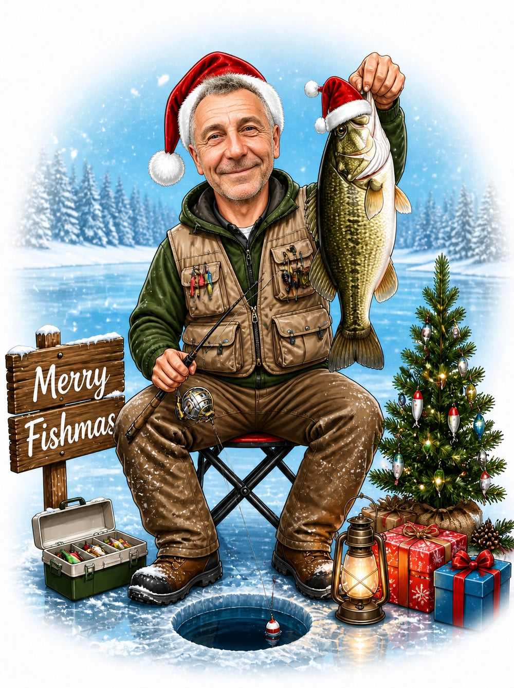 Man in Santa hat holding big bass by ice hole, Merry Fishmas sign