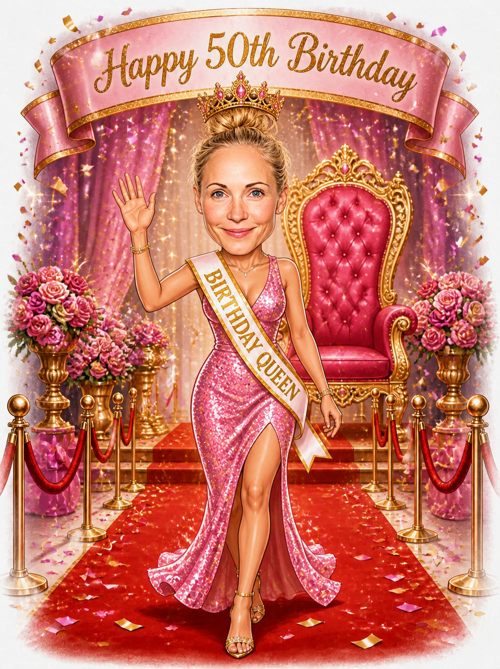 Birthday Queen caricature with crown, pink sequin gown, red carpet and throne.