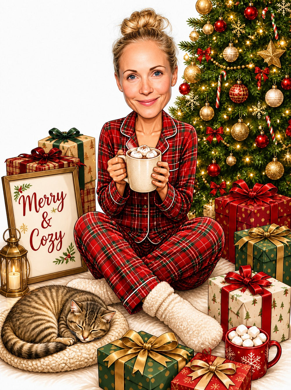 Woman in red plaid pajamas by Christmas tree with gifts and Merry & Cozy sign.
