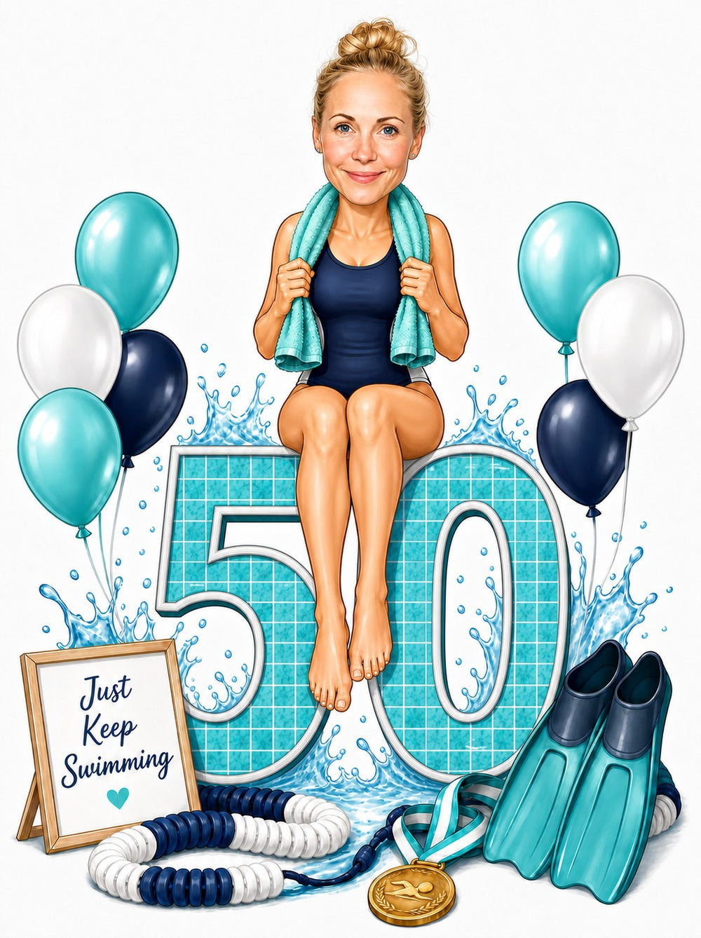 Woman swimmer sits on giant 50 with teal towel, balloons, fins and Just Keep Swimming sign.