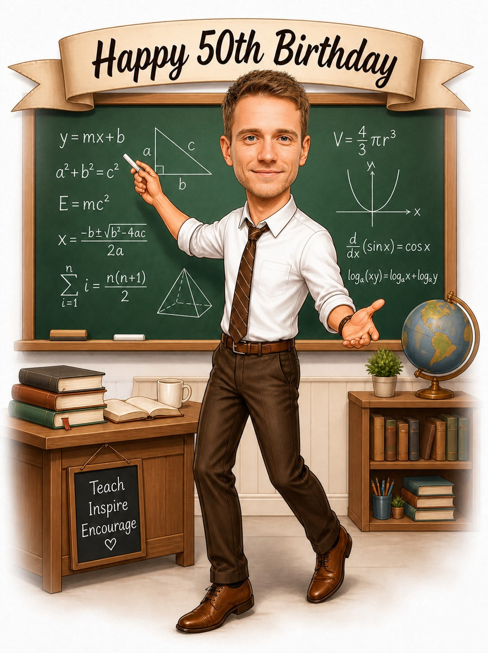 Male teacher birthday caricature at chalkboard with equations and banner